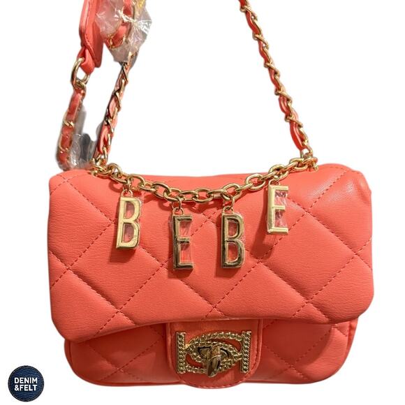 NEW bebe Wyatt Quilted Mini Shoulder Bag Salmon Orange Gold Chain Logo Charm - Picture 2 of 13